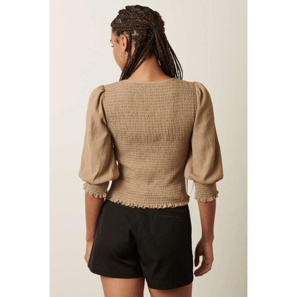 Beige Smocked Blouse with Puff Sleeves - Picture 3 of 5